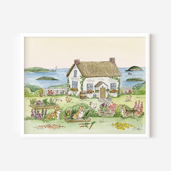 Corgi Wall Art Print, Cottagecore themed art print, Watercolor farm with Corgis, Storybook style painting