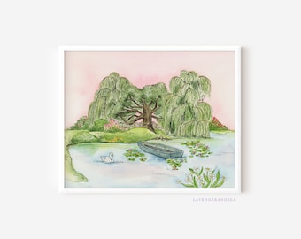 Willow Tree Watercolor Print: Cottagecore Pond Scene, Nursery Art (8x10)