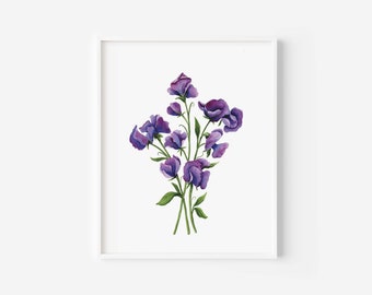 Sweet Pea Watercolor Art Print: Blue & Purple Spring Florals (8x10)