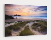 holywell bay beach picture canvas print cornwall near newquay sunset with sand dunes beautiful land scape