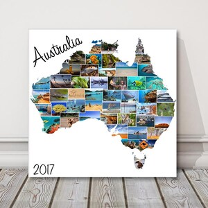 May include: A white canvas print featuring a collage of images of Australia. The collage is shaped like the outline of the country. The word "Australia" is written in black at the top of the image. The year "2017" is written in black at the bottom of the image.
