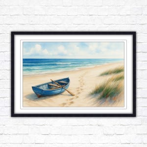 May include: A watercolour painting depicts a blue rowing boat on a sandy beach, with the sea in the background. The boat has two oars and is near the water's edge. Footprints lead away from the boat. The sky is blue with white clouds.