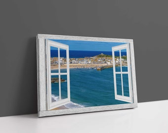 Window frame style canvas Print. St Ives, Cornwall. Wall decor for home or office. Beach seascape. Ideal gift birthday present.