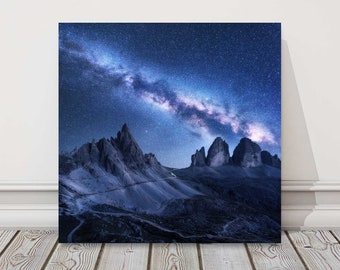 Milky Way overt the mountains in Dolomites, Italy. Printed as a canvas picture print. Beautiful starry night image. Ideal gift. Home decor.