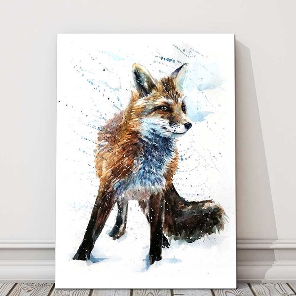 Fox painting, watercolour colour paint splash on a white background. Printed  and framed as a canvas picture.