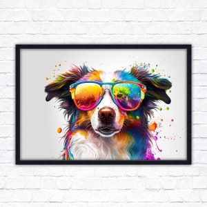 Dog in sunglasses. Bright colourful paint splash image. Framed picture with choice of frame colours and options.