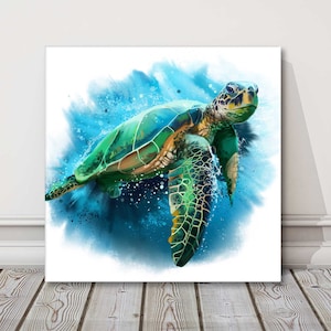 May include: A green sea turtle swimming in blue water with white splashes. The turtle has a green shell with brown markings and a green head with brown eyes.