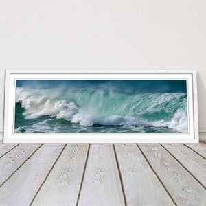 Rolling waves. Panoramic Framed picture print. Beautiful colours of the crashing waves. Choice of frame size, colour and border.