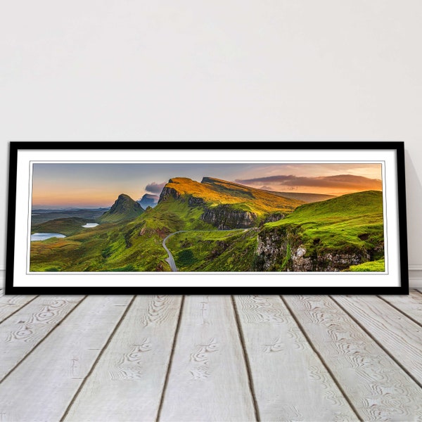 Sunset on the Quiraing mountains, Isle of Skye, Scottish Highlands panoramic framed in a picture frame with choice of colours