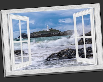 Window frame style Canvas picture print. Godrevy lighthouse, Cornwall. Coastal picture.