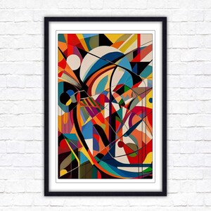 May include: Abstract art print in a black frame. The artwork features a vibrant composition of geometric shapes and lines in a variety of colours, including red, orange, blue, and yellow. The design includes a white circle and curved lines.