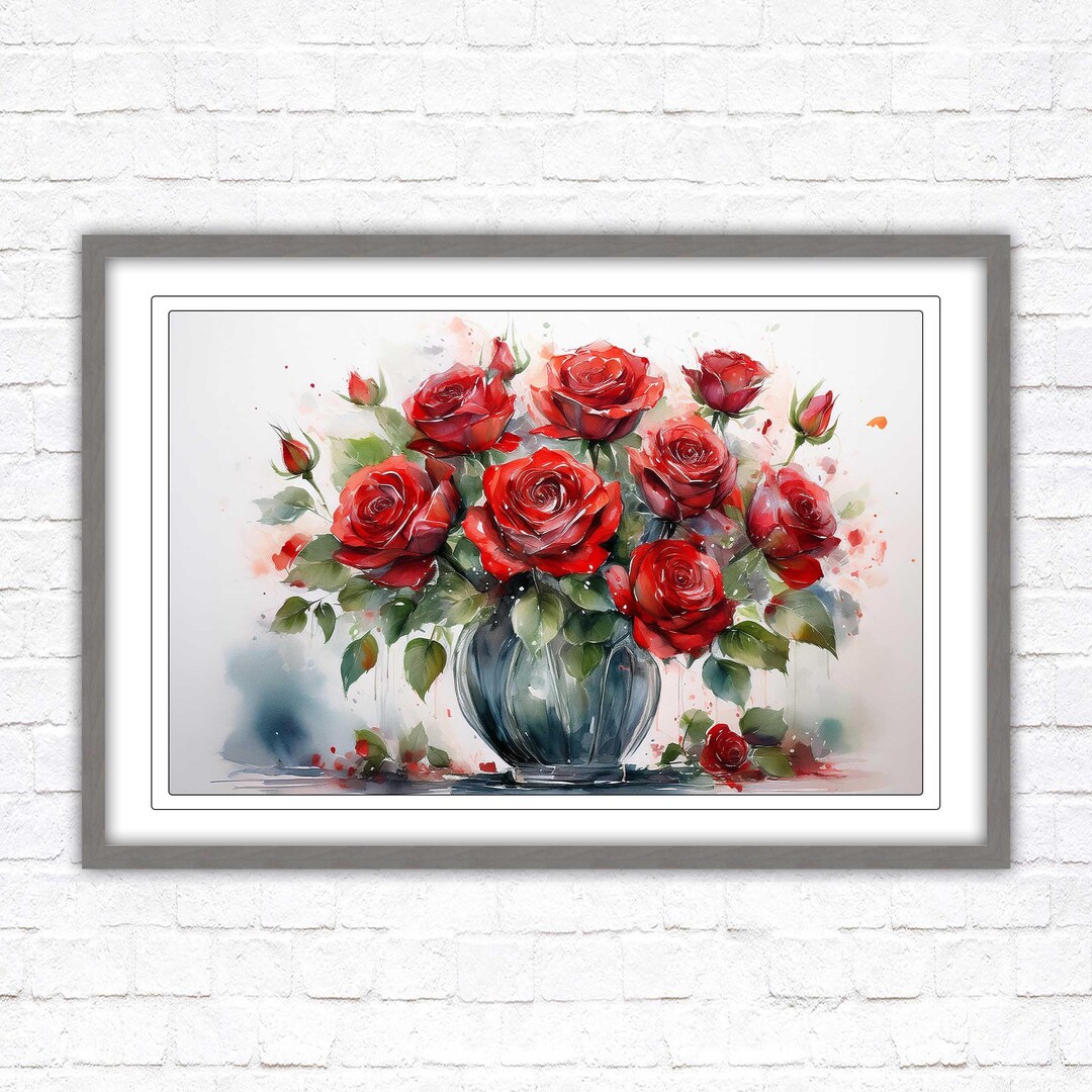Red Roses Painting Floral Vase Portrait Framed Wall Art Botanical Still ...