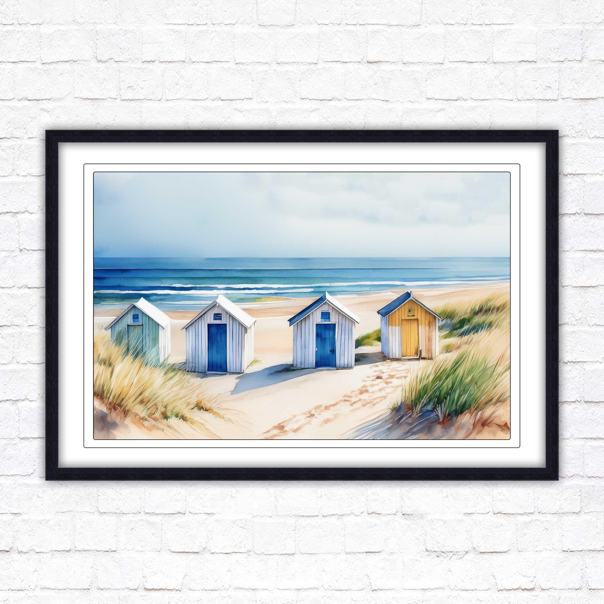 Beach Huts Framed Picture Print. Bright Watercolour Wall Art for Home ...