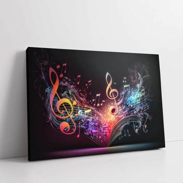 Multicoloured musical notes on black background. Printed canvas picture print. Music.