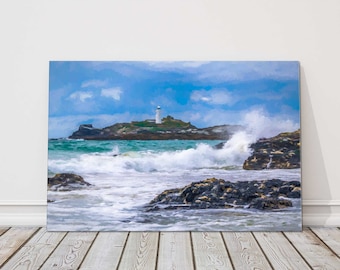 Godrevy lighthouse painting near St Ives Cornwall.  Canvas picture print. Stormy scene with crashing waves.