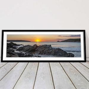 Crantock Beach at sunset. Panoramic framed picture print, Cornwall beach scene. A choice of picture frames.