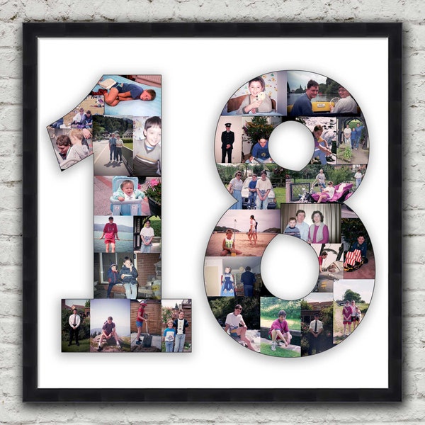 framed photo collage picture print. Number shape birthday black white gold silver  1 2 3 18 21 30 40 50 60 70 80 90 100 wedding anniversary