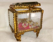 Antique Glass Chest, Lourdes Souvenier, Small Glass Jewellery Box, Ormolu, Beautiful, Elegant Mini Chest