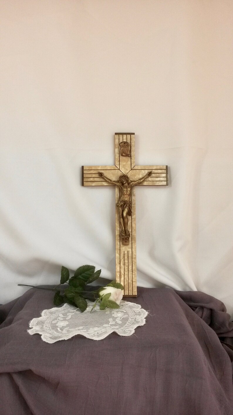 Large Artdeco Cross Mother Of Pearl Crucifix Antique Wall Hanging Vintage