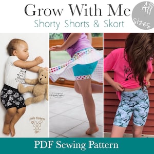 Puede incluir: Patrón de costura PDF para pantalones cortos y falda pantalón. El patrón incluye tres tamaños diferentes. La imagen muestra a tres niños usando los pantalones cortos y la falda pantalón. Los pantalones cortos son negros con un estampado de calavera y huesos cruzados, turquesa con estrellas blancas y blancos con un estampado de tiburón.