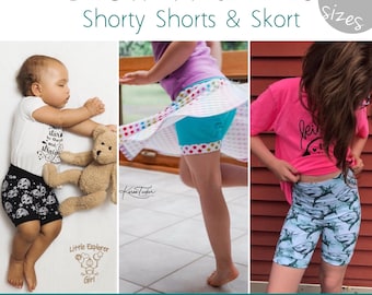 Grow with me shorts sewing pattern and Grow with me skirt pattern. Apple Tree Shorty shorts baby & big kids sewing pattern