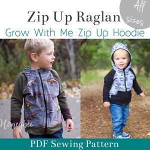 May include: A PDF sewing pattern for a zip-up raglan hoodie with a grow-with-me design. The pattern includes all sizes. The image shows two children wearing the hoodie in different fabric patterns.