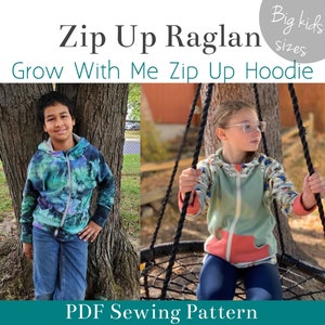 Big Kids Sizes Zip Up Grow with me Hoodie PDF Sewing Pattern ebook