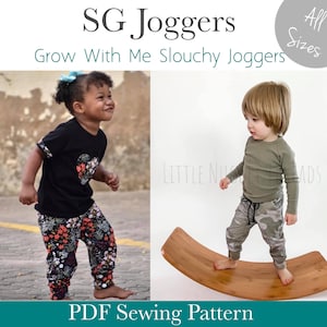 May include: A PDF sewing pattern for SG Joggers, Grow With Me Slouchy Joggers. The pattern includes all sizes. The image shows two children wearing the joggers, one in a floral print and the other in a camouflage print.