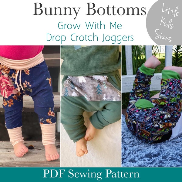 Apple Tree Little Kids Bunny Bottom Grow With Me Drop Crotch Pants Joggers Trousers *PDF Sewing Pattern* Kids and Baby Sewing ebook tutorial