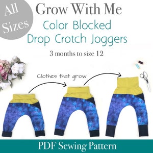 May include: A PDF sewing pattern for color blocked drop crotch joggers for babies and toddlers. The pattern includes sizes from 3 months to size 12. The image shows three pairs of joggers in different sizes, with a blue and yellow color scheme. The text "Grow With Me" and "Clothes that grow" is included in the image.