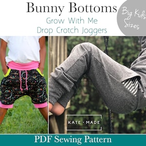 May include: A PDF sewing pattern for "Bunny Bottoms" drop crotch joggers for kids. The pattern includes "Grow With Me" sizing. The image shows a child wearing a pair of the joggers in a colorful print and another child wearing a pair in gray.