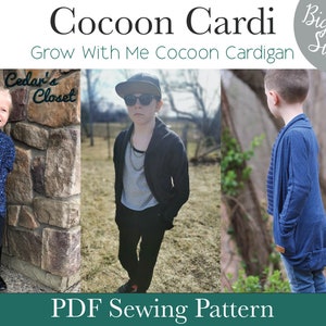 May include: A PDF sewing pattern for a cocoon cardigan, suitable for children of various ages. The pattern includes instructions for making a cardigan with a relaxed fit and long sleeves. The image shows three children wearing the cardigan in different colors and sizes.