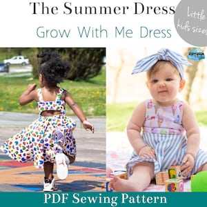以下が含まれることがあります： 「The Summer Dress Grow With Me Dress Little kids sizes」というテキストと、エスターの宝物ロゴが書かれた、夏のドレスのPDF縫製パターンです。このパターンには、カラフルなプリントのドレスを着た子供と、青と白のストライプのプリントのドレスを着た子供の2つの画像が含まれています。