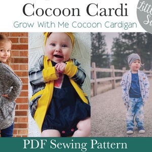 Może przedstawiać: Wzór szycia PDF na kardigan w kształcie kokonu, z tekstem "Cocoon Cardi Grow With Me Cocoon Cardigan Little Kids Sizes". Wzór przedstawia troje dzieci noszących kardigan w różnych rozmiarach i stylach.