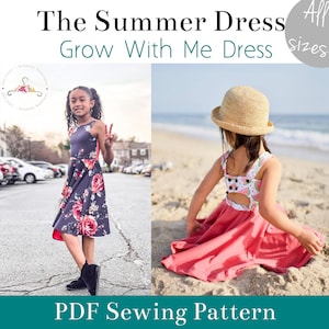 以下が含まれることがあります： 「The Summer Dress Grow With Me Dress All Sizes」というテキストが書かれた、夏のドレスのPDF縫製パターンです。パターンには、花柄のドレスを着た女の子と、スイカ柄のピンクのドレスを着た女の子が描かれています。