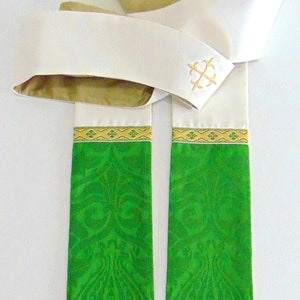 Grüner Fairford Brokat & Metallic Braid Orphrey auf Elfenbein Stola Zum Feiern und Festtagen, Hochzeiten, Taufen etc. 100% Seide Rückseite!