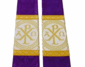 NEW! Purple Cloister Liturgical Brocade Stole for Clergy, Lent & Advent, White/Gold Met., 'Chi Rho' Orphrey, 100% Silk Dupioni Reverse