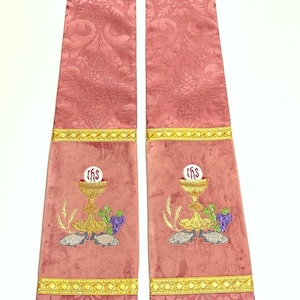 Laetare and Gaudete Sunday Rose Stole. Exquisite European Liturgical Brocade, Opulent Embroidery on Rose Velvet & Pure Silk Reverse Side.