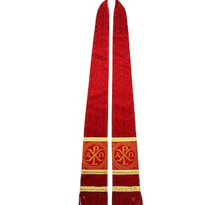 NEW! Red Liturgical Brocade Stole for Ordinations, Pentecost, Palm Sunday, Feat. PAX Orphrey, 100% Silk Dupioni Reverse, & Metallic Braid.