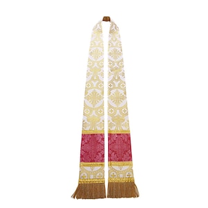 NEW! Celebration Stole, White/Metallic Gold Liturgical Brocade w&#39; Rose Liturgical Brocade Orphrey, Metallic Braid, 100% Silk Dupioni Reverse