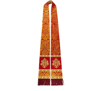 NEW! Red/Gold Liturgical Brocade Stole for Clergy & Ordinations. The Orphrey Features IHS Christogram Embroidery, 100% Silk Dupioni Reverse