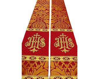 Estola de brocado litúrgico rojo/dorado o regalo para ordenandos. Incluye bordado cristograma IHS, 100 % seda dupioni. Opción disponible para el reverendo diácono.
