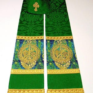 NEW! Green Glastonbury Clergy Stole w/ Decorative Orphrey in Blues, Greens & Wheat Colors. Metallic Embroid. Deacon stole option available.