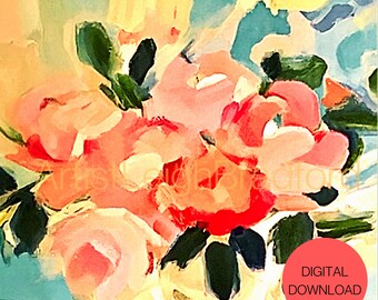 Könnte beinhalten: Abstrakte Malerei von rosa und roten Blumen mit grünen Blättern auf blauem und gelbem Hintergrund. Der Text "DIGITALER DOWNLOAD" befindet sich in einem roten Kreis am unteren Rand des Bildes.