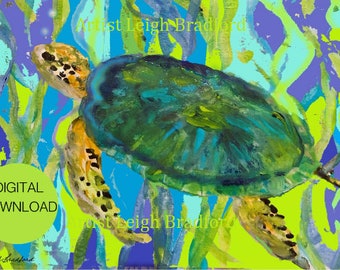 Impresión artística en acuarela de tortuga verde: Tortuga abstracta (descarga digital)