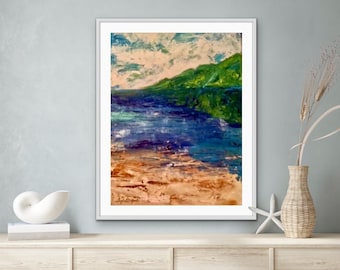 Abstracte oceaanprint: serene kustlandschapskunst (digitale download)
