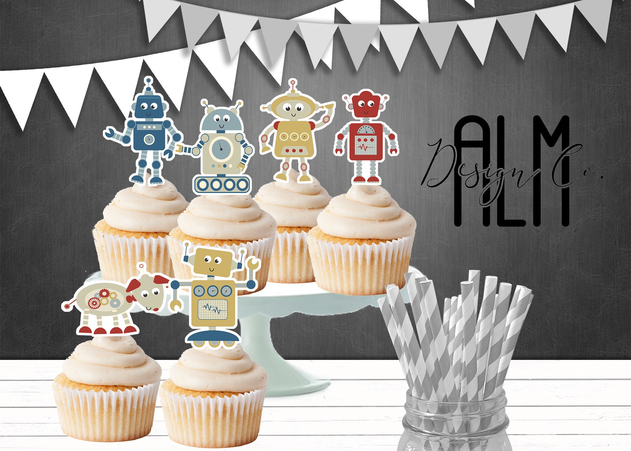 Robots birthday cupcake toppers robots cupcake toppers | Etsy