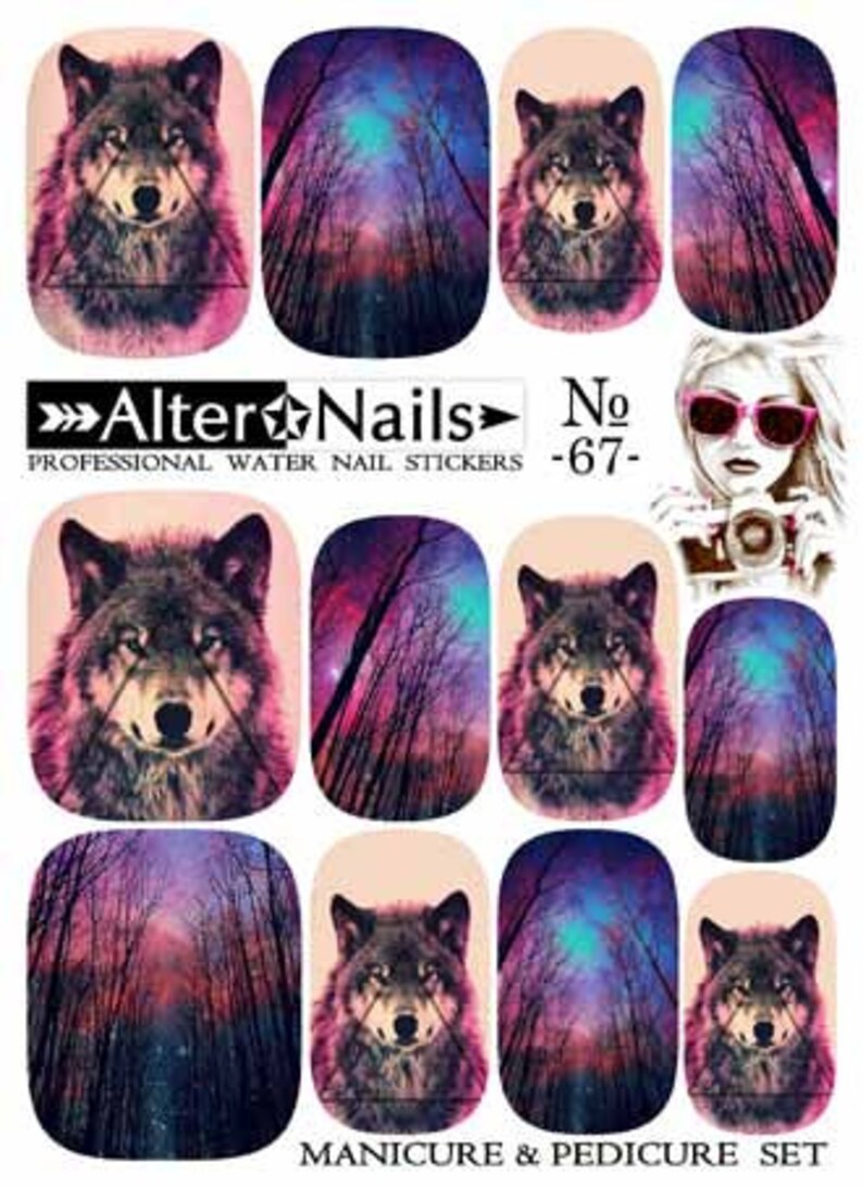 No. 67 Colorful Forest Wolf Nail Water Wraps Art Stickers Etsy