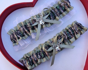 Customizable handmade Camouflage fabric /& orange sheer organza bridal prom camo garter set with deer duck fish heart charms or rhinestones