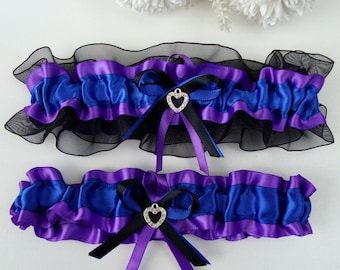 Wedding Garter, Royal Blue Purple Black Wedding Garter Select Charm or No charm